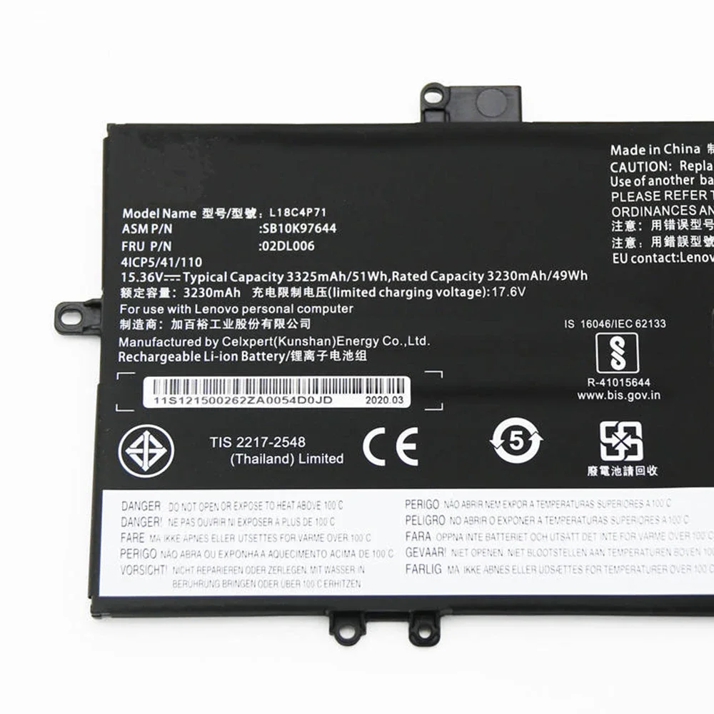 Brand New Original L18C4P71 15.4V 51Wh Laptop Battery for Lenovo ThinkPad X1 Carbon 7th GEN 2019 2020 L18M4P72 L18L4P71