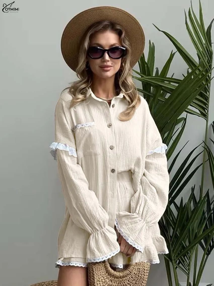 

Oymimi Fashion Khaki Cotton Woman 2 Piece Outfit Set Elegant Long Sleeve Lace Patchwork Button Shirts And High Waist Shorts Sets