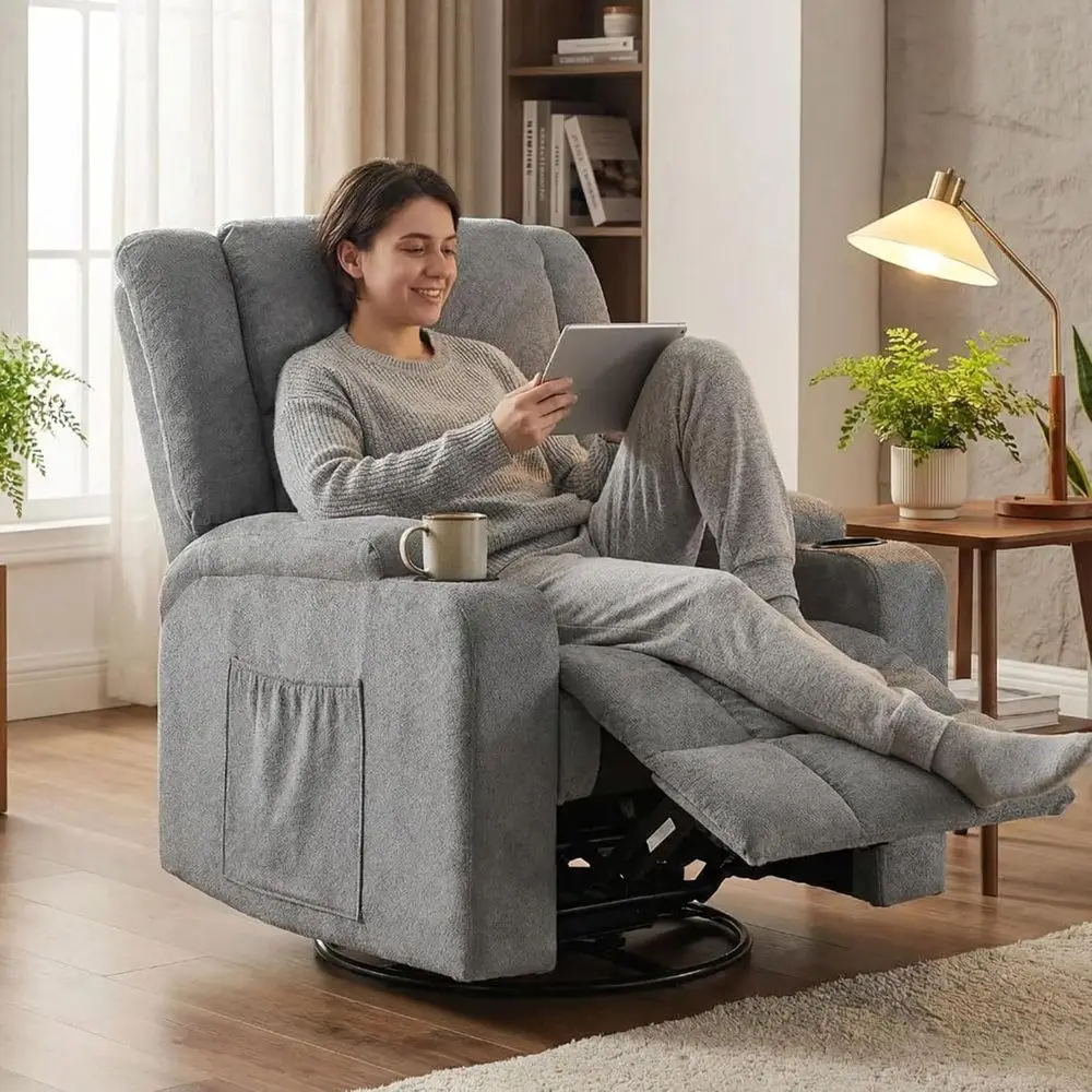 كرسي هزاز دوار من الشنيل الرمادي مع تدليك وحرارة لمساحات المعيشة