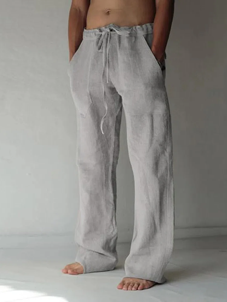 Men's Linen Pants Solid Color Casual Pants Fashion Straight-Leg Trousers Baggy Pants