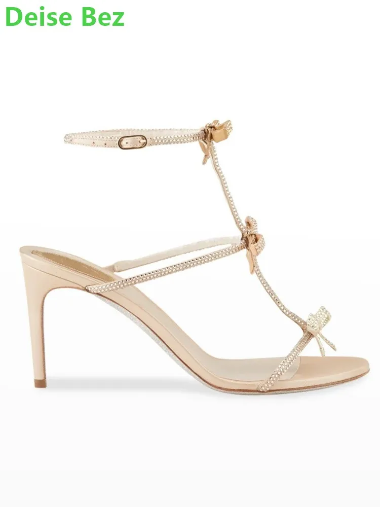 Crystal Butterfly-knots Slingback Sandals Round Toe Thin High Heel Narrow Band Ankle Buckle Strap Hollow Fashion Women Shoes