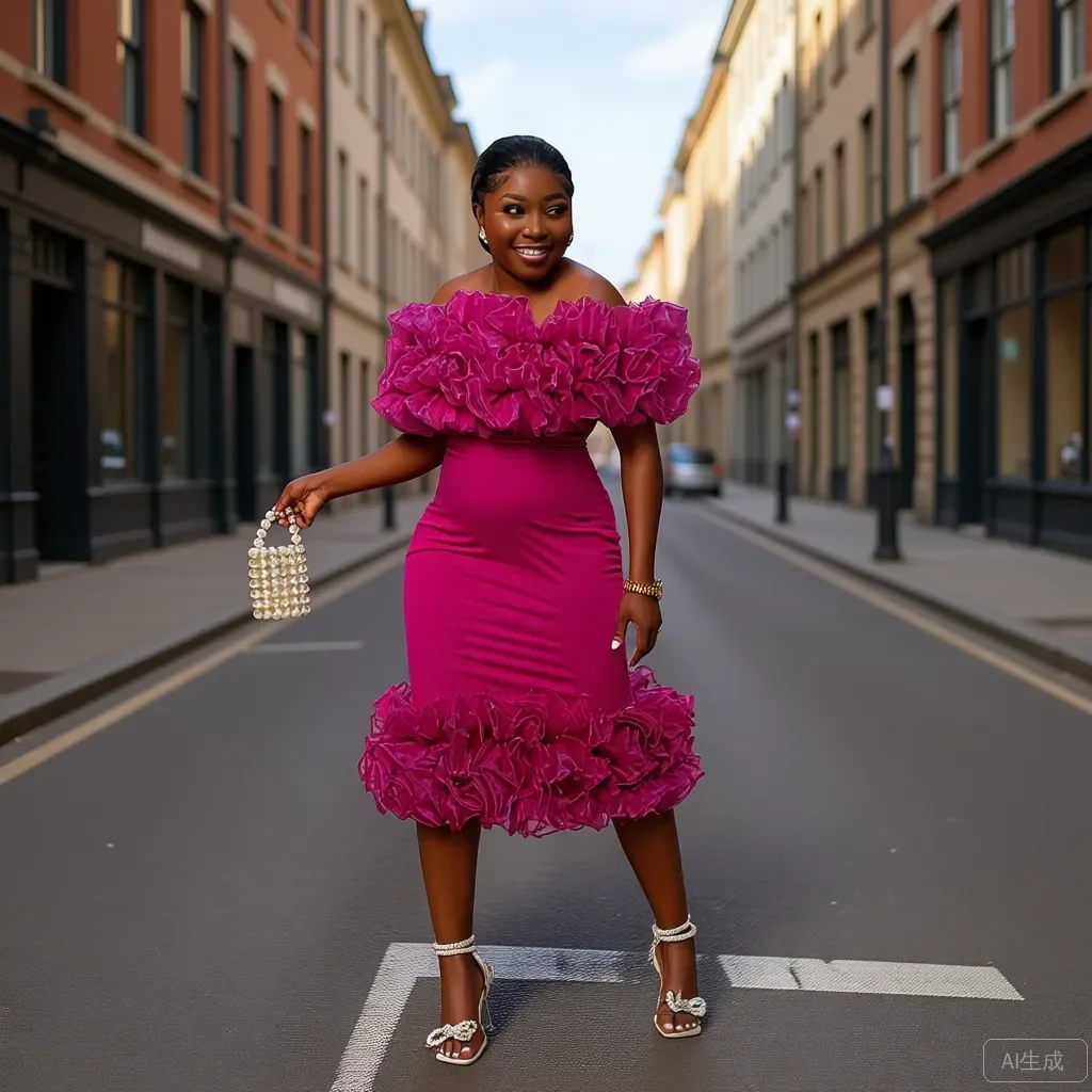 

Fashion Fuschia Satin Women Dresses With Organza Ruffles Sexy African Cocktail Party Dresses Off The Shoulder Mid-Calf Maxi Dres