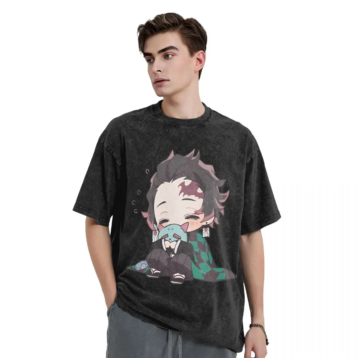 Demon Slayers Tanjiro Anime T Shirt Washed Short Sleeve Harajuku T-Shirt Comic Men Women Tops Streetwear Graphic Printed Tees