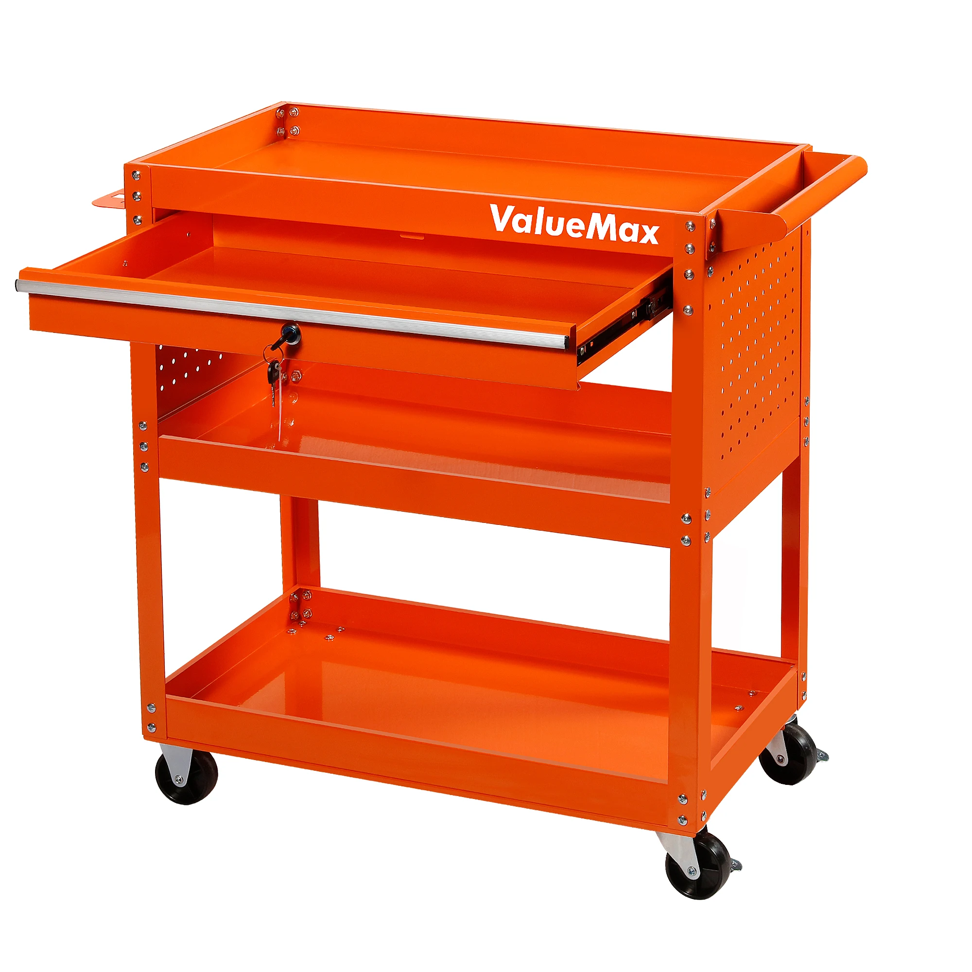 ValueMax 3 Tier 350 LBS Rolling Tool Cart on Wheels, Heavy Duty Utility Tool with Drawer, Screwdriver Rack, Pegboard