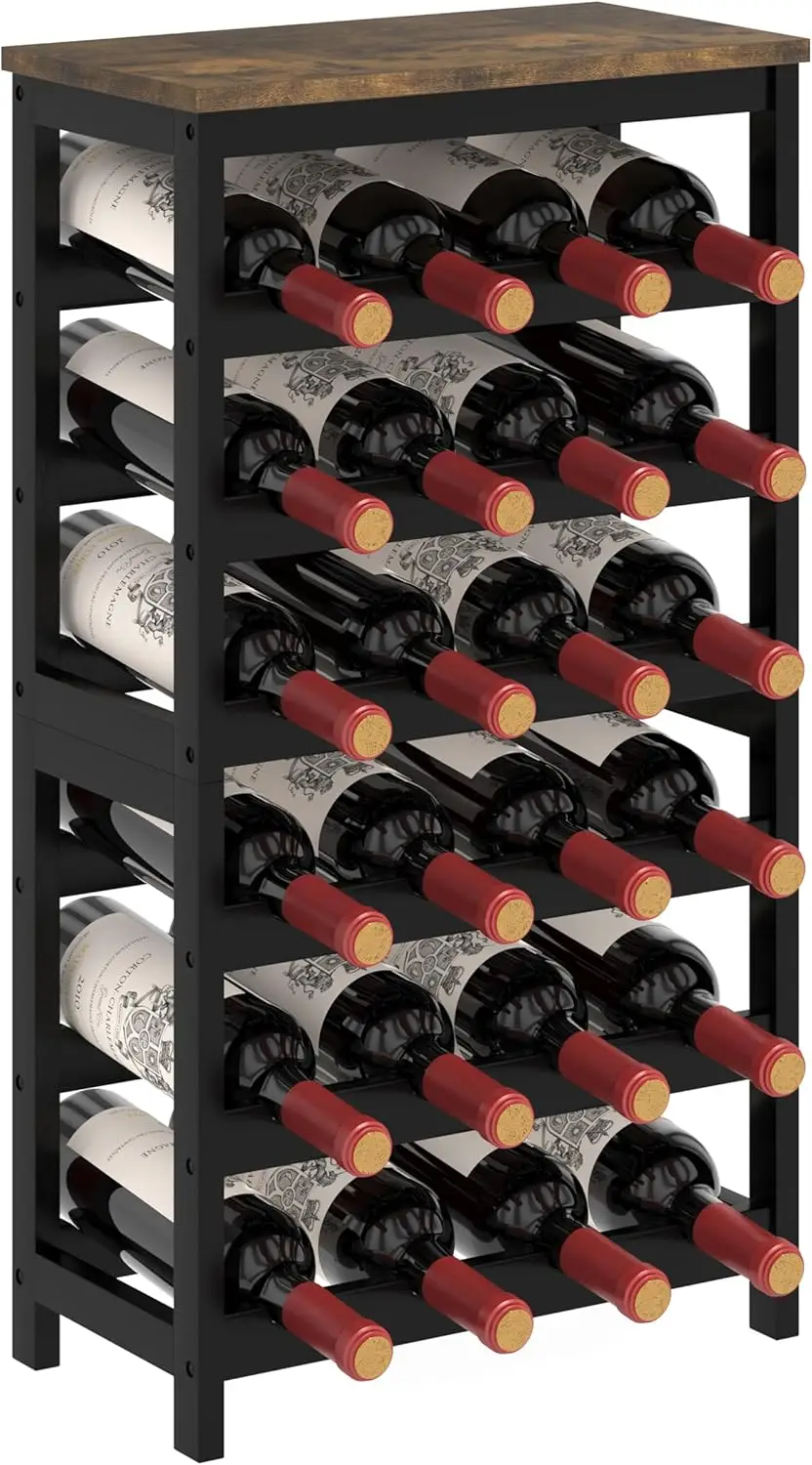

6 Tier Bamboo Wine Rack Holds 24 Bottles, Stackable Floor Storage with Table Top, Rustic Brown & Black for Kitchen Bar Dining