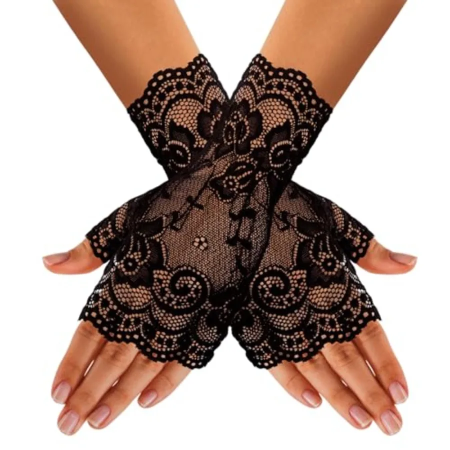 Guantes Negros de Encaje sin Dedos para Mujer, Cubremanos Cortos Góticos para Protección Solar, Guantes de Encaje Estilo Años 20 para Disfraz de Vampiresa