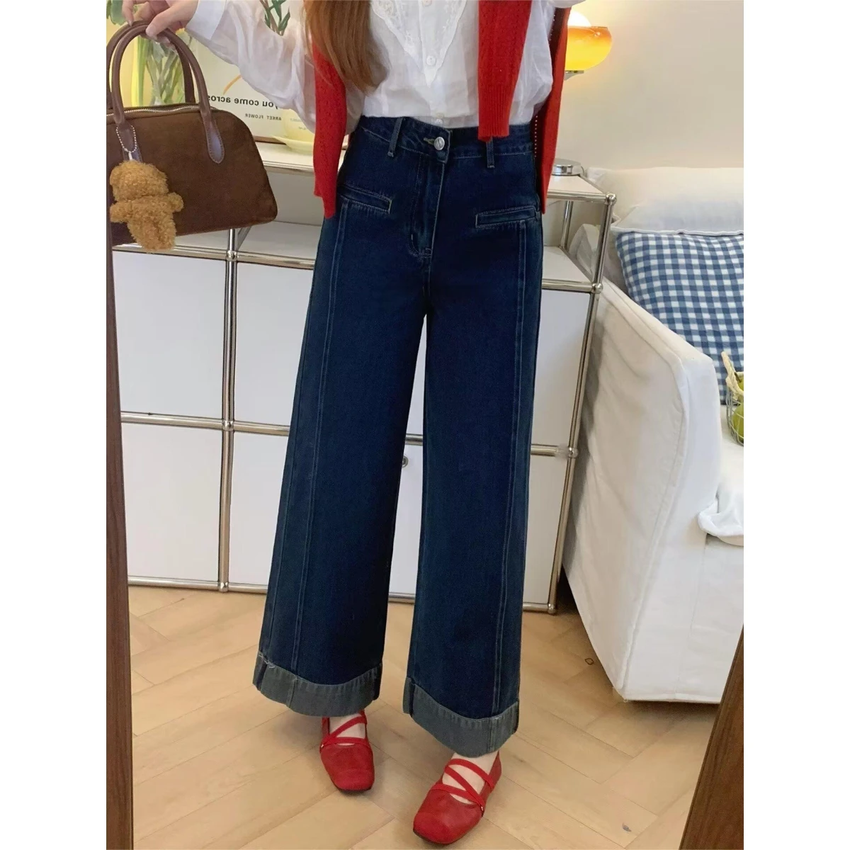 

High Waist Wide Leg Denim Jeans Women's Loose Fit Casual Nine Point Straight Cut Pants Color Block Slimming Autumn New Style