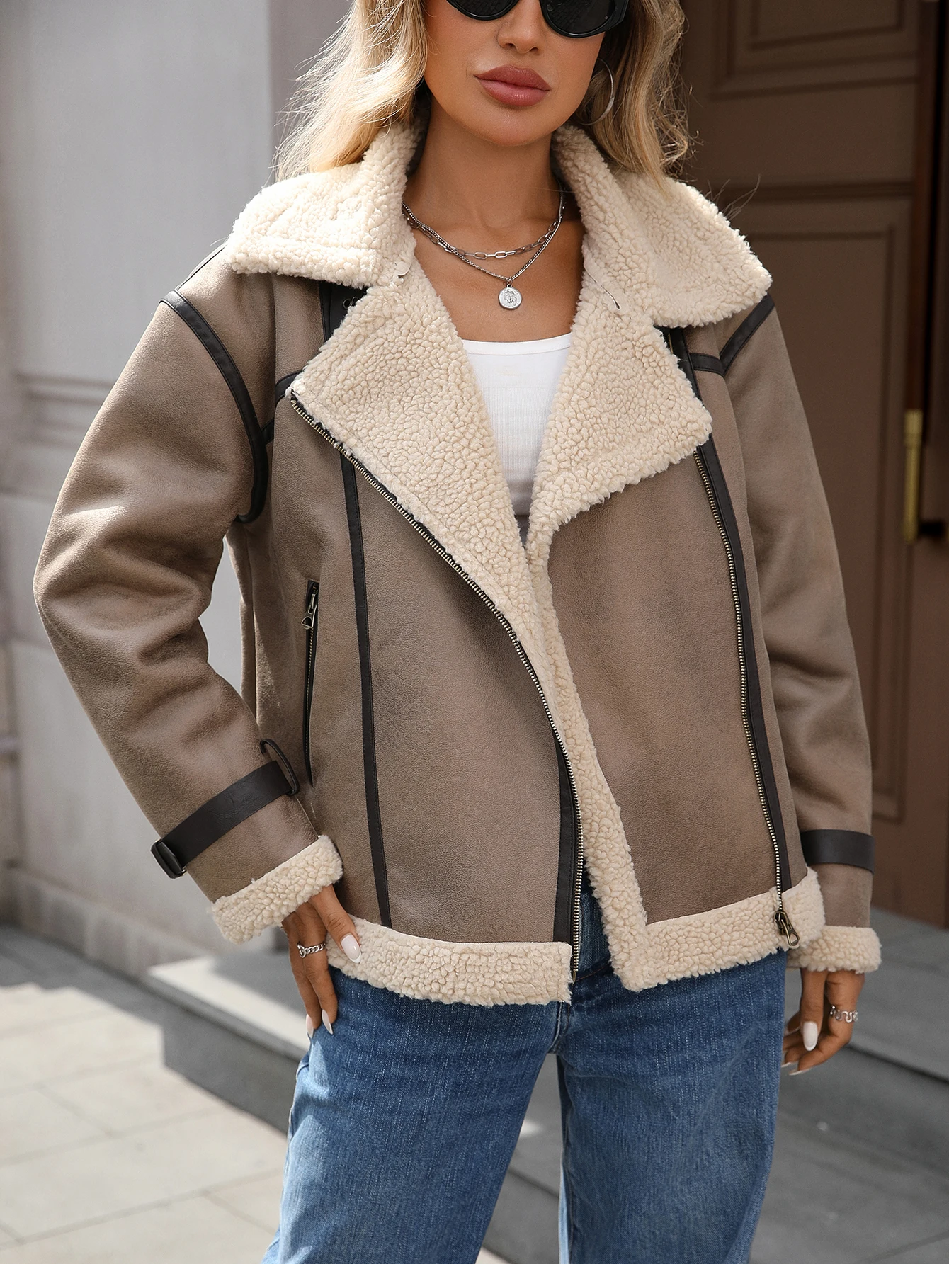 

Женская куртка-бомбер из искусственной кожи Sherpa, укороченное пальто-авиатор