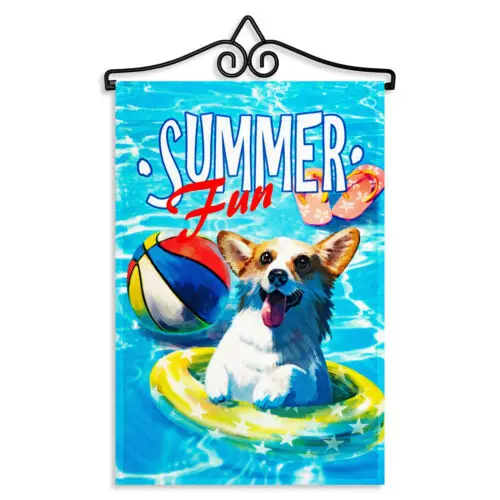 Garden Flag Summer Fun with Dog in Pool 12x18IN & Hanger 14IN Printed Poly