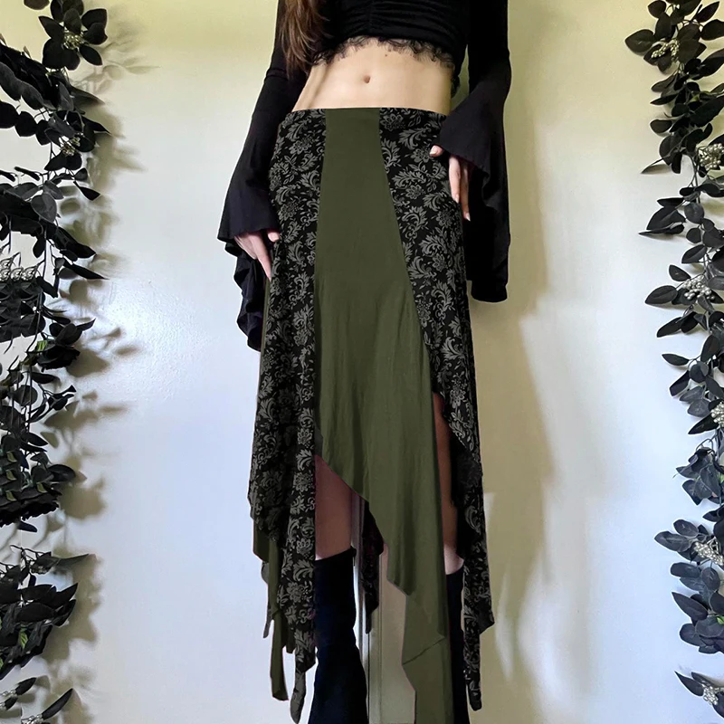 

Ретро однотонные лоскутные женские юбки с цветочным принтом и высокой талией, нерегулярный подол, юбка до щиколотки, ранняя осень, новые юбки трапециевидной формы