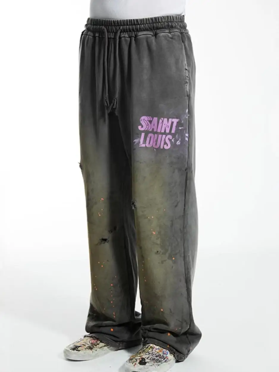 

Sssaint Louis мужские повседневные свободные прямые брюки 2024SS Splaed Ink винтажные длинные брюки с отверстиями Faion Urban Sle