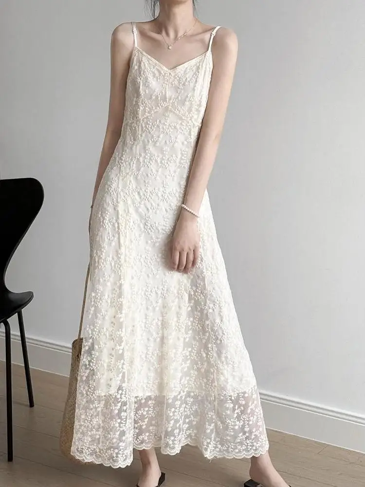 Lace Strapless Long Dress Women Summer Design Fairylike Sleeveless Base Skirt High Waist Soft Polyester A-Line Tourist Wear