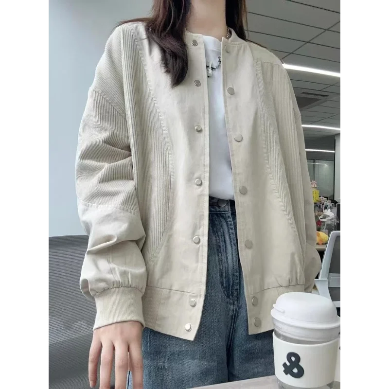 

Corduroy Spliced Baseball Uniform Jacket for Women's Spring Autumn American Retro Design Loose Casual Jacket Top