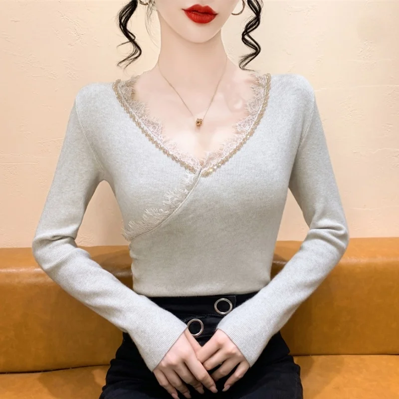 

Slim Fit Lace Patchwork V-Ne Cross Knitted Sweater Women's Autumn Winter New Sle Ele Thin Inner Wear Base Sweater