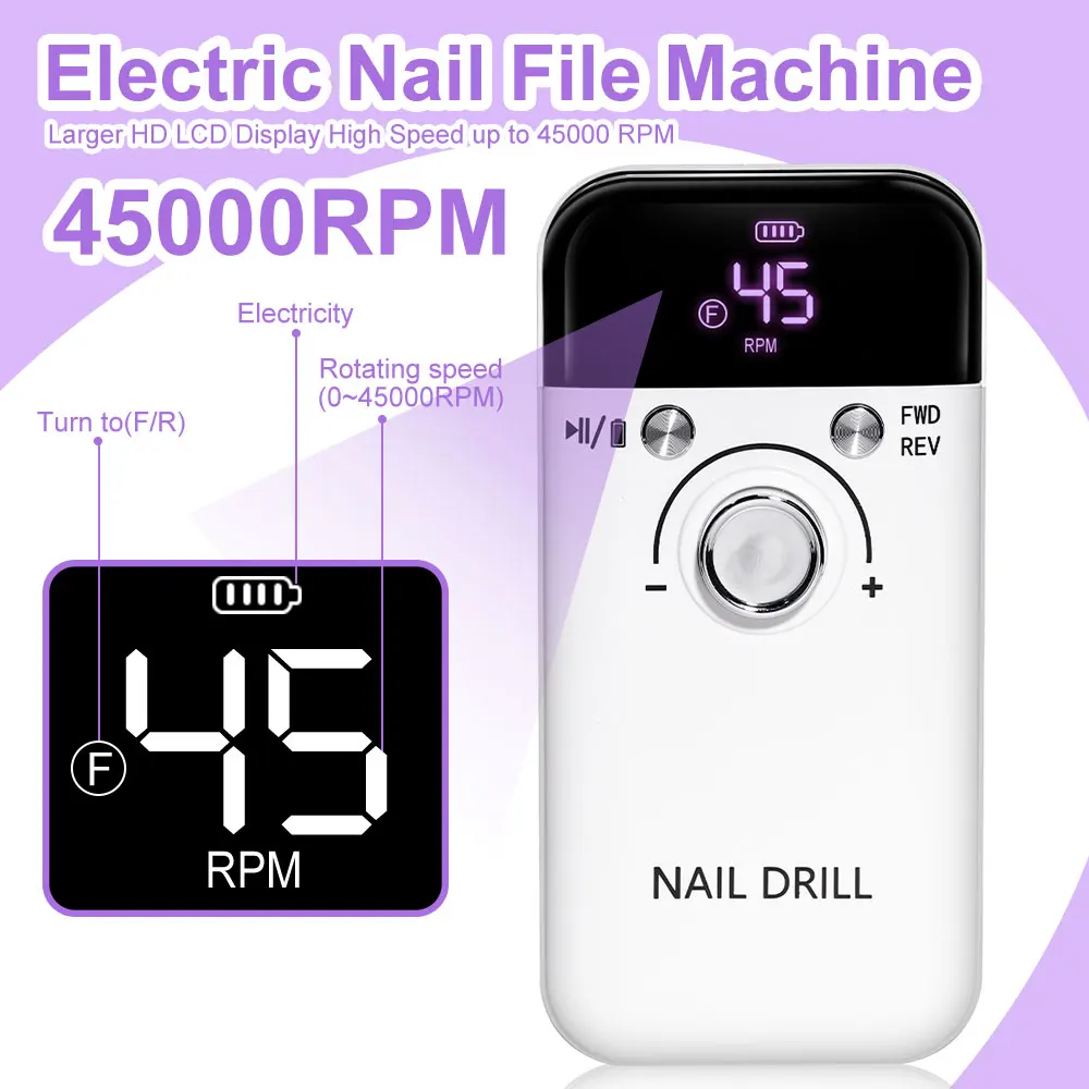 45000RPM Wireless Electric Nail Drill Machine Rechargeable Professional Nail File for Nails Gel Polish Acrylic Manicure Supplies