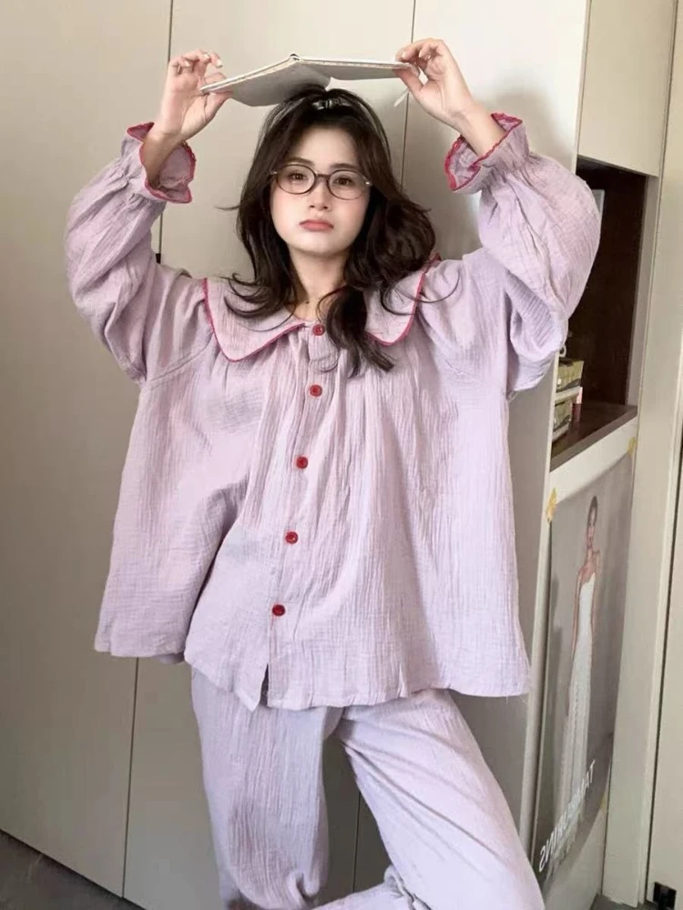 

Женский комплект домашней одежды с лавандовым узором — топ с воротником «Питер Пэн» и пышными рукавами, широкие брюки с красной окантовкой, милая милая домашняя одежда