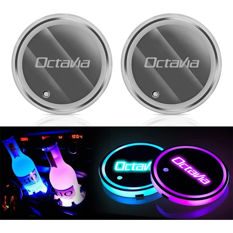 LED Car Water Cup Mat For Skoda VRS Fabia Octavia Yeti Superb Scala Kamiq Kodiaq Rapib Citigo Auto Decorative Atmosphere Lights