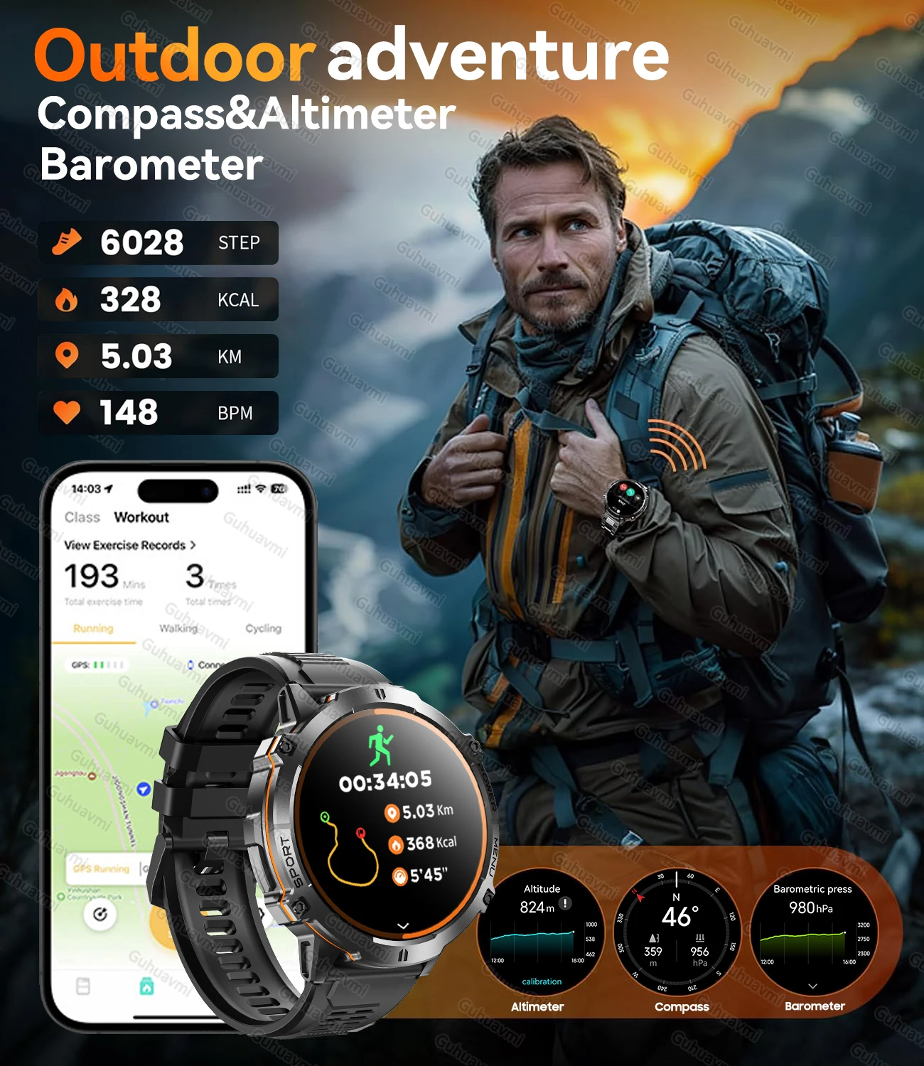 2025 Outdoor Military 1000 mAh Batterie Smart Watch 1,73 "HD Bildschirm GPS trackr 10ATM Schwimmen Kompass Höhenmesser Sport smartwatch Männer