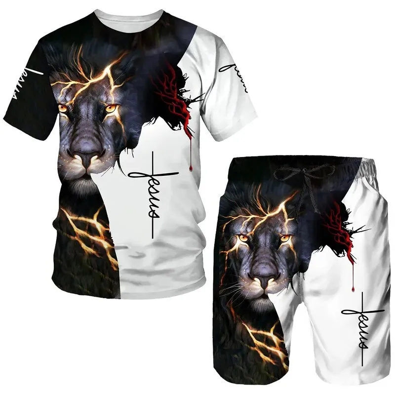 2024 Summer New Men\'s Animal Tiger Sports Set 3D Printed Animal Tiger Pattern Men\'s Short Sleeved T-shirt Set Men Two-Piece Set