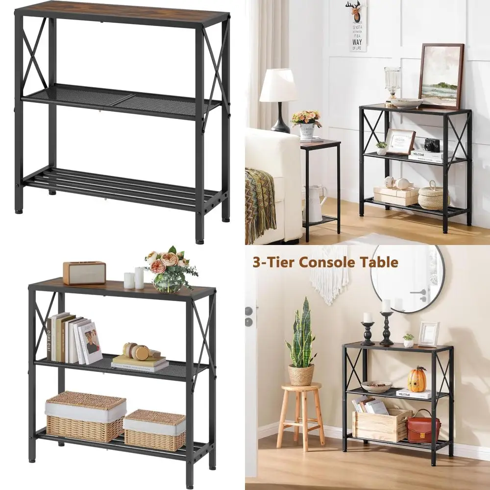 

Трехуровневый металлический консольный столик с полкой, в стиле рустик, коричневый и черный, для гостиной, прихожей и коридора