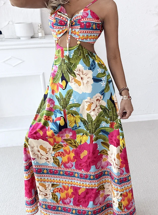 Blumendruck, V-Ausschnitt, Schnürung, ausgehöhltes Urlaubskleid, lässiges, rückenfreies Maxikleid in A-Linie mit gebundenem Detail