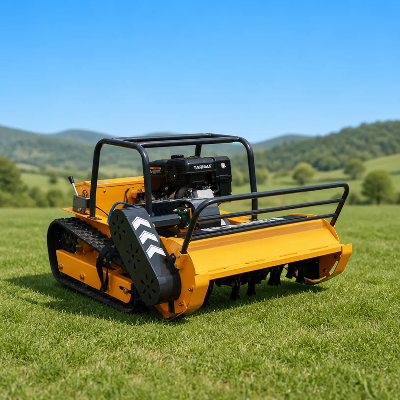 Customized CE EPA Cordless Brushless Tracked Remote Controlled Mower with Adjustable Cutting Height LED Headlight for Farmland