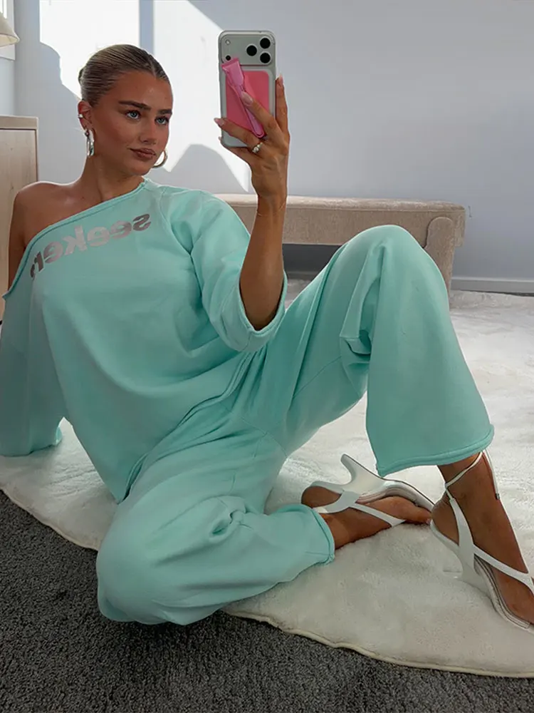 Solid Women Autumn Pant Sets One Shoulder Printed Long Sleeve Top And Fitting Wide Leg Pant Chic Lady Streetwear Suits 2026