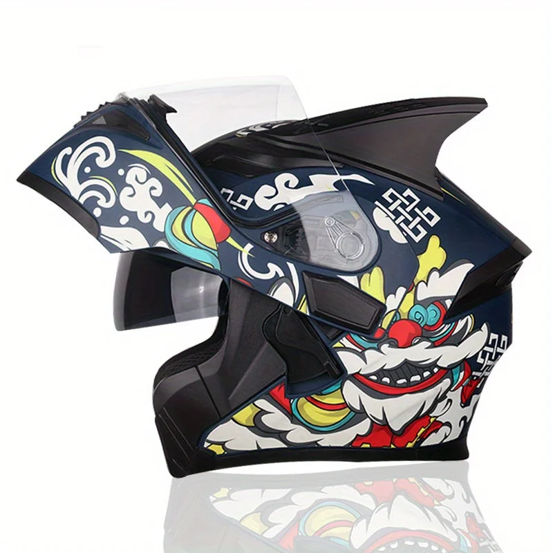 

Motorcycle Helmet with Horns - Full Coverage, Winter-Ready Safety Cap for Electric Bikes & Motorcycles - Painted Lion Design