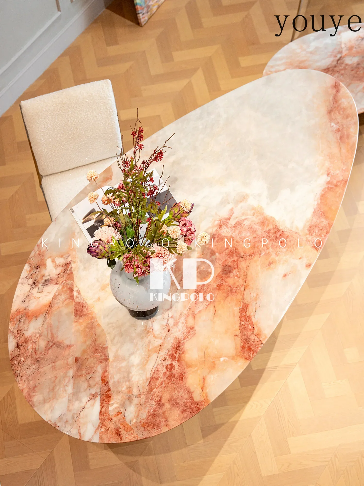 X62 Luxury Stone, French Retro Natural Four-season Pink Luxury Stone Villa Premium Marble Water Drop Special-shaped Dining Table