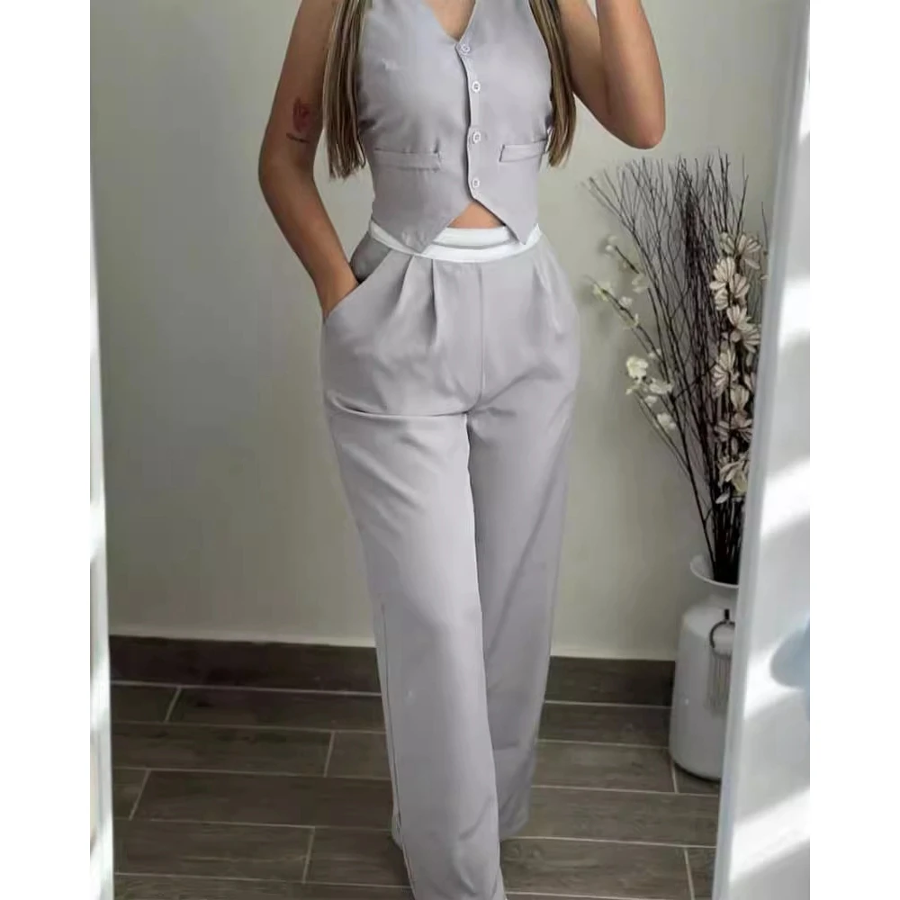 Women Fashion Sleeveless Vest Cropped Top & Ruched High Waist Pants Set Workwear Fake Pocket Womens Two Piece Sets Outfits Cloth