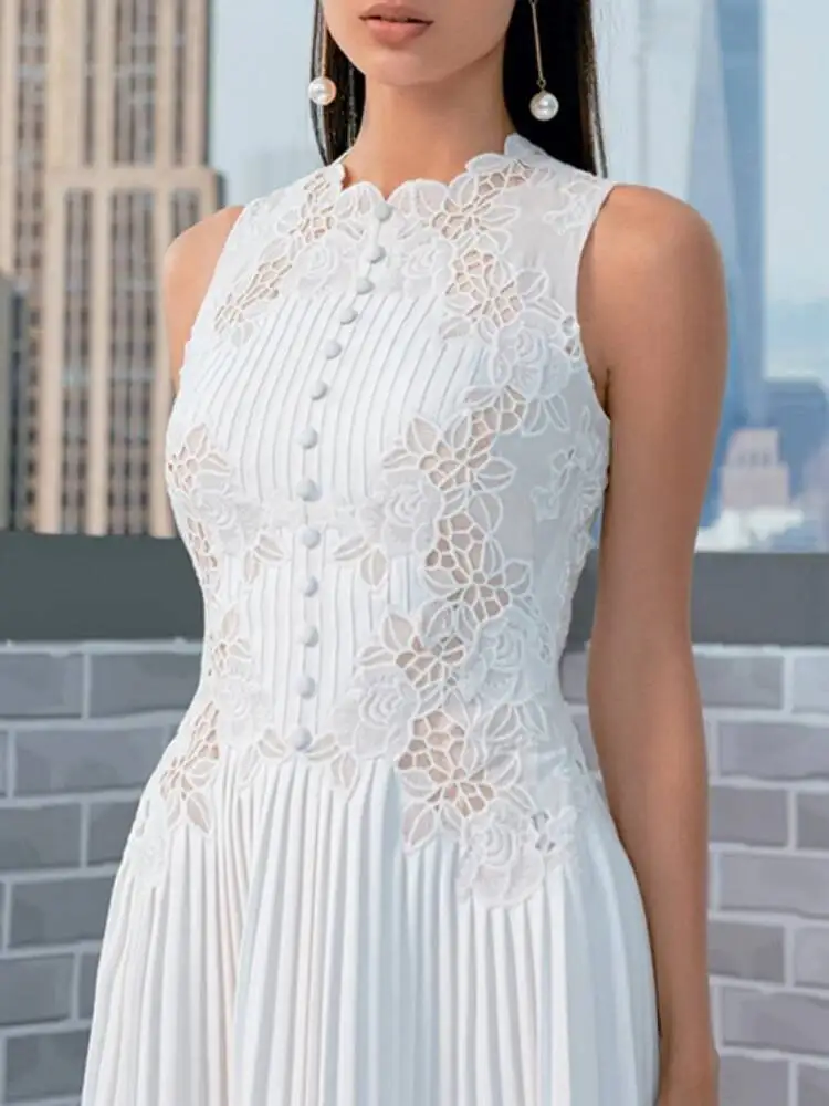 Robe plissée brodée pour femmes, mode d'été, sans manches, fleur au Crochet, ajourée, blanche, Robe de bal