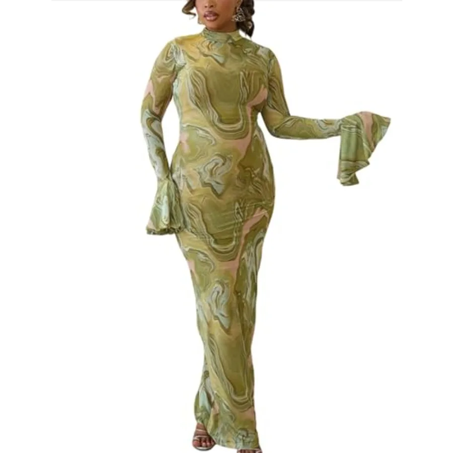 

Women's Tie Dye Printed Mesh Bodycon Maxi Dress Sexy Mock Neck Bell Long Sleeve Long Dress Party Club Vacation Outfits
