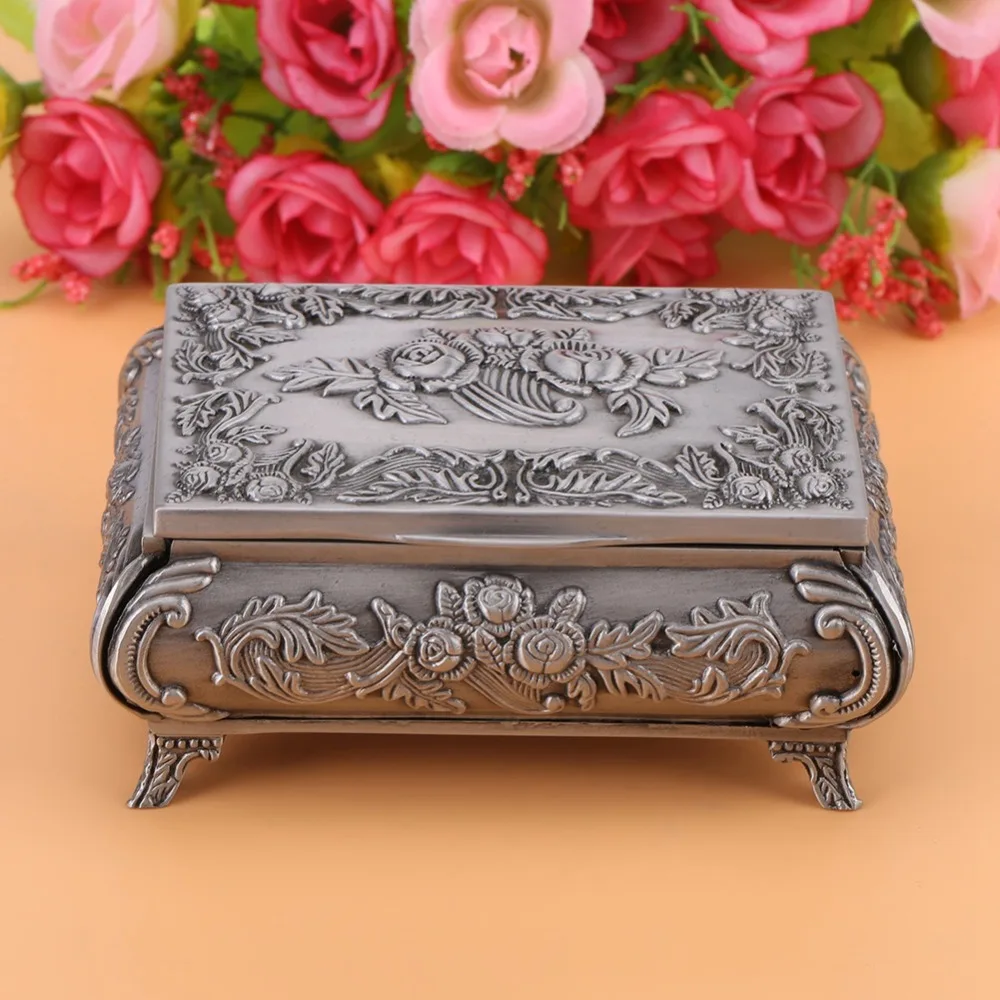 

Jewelry Boxes Alloy Jewelry Box Rectangular Vintage Style Jewelry Case Rose Carved Ring Box Home Decor