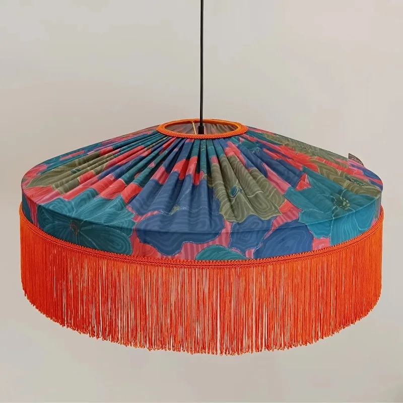 

Floral silk fabric lampshade, "Tangerine Tango" fringed chandelier.