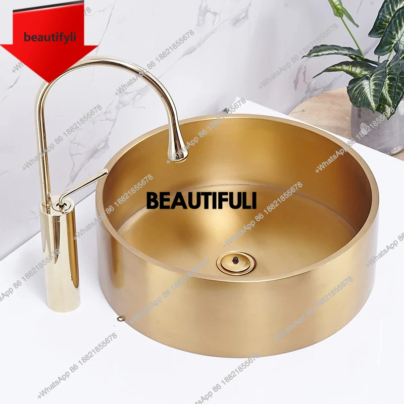 

a44 304 Stainless Steel Wash Basin Round Counter Villa Art Sink Bowl Small Size Gold Bathroom Sink