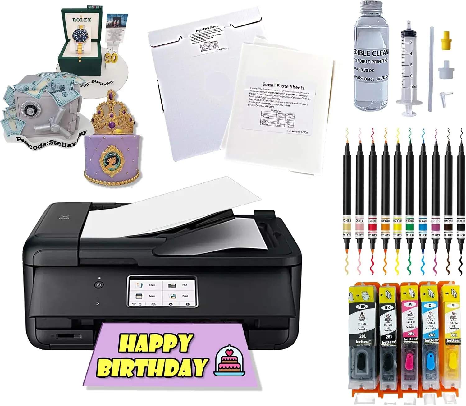 Cake Image Printer Set- Ink Cartridge & Sugar Frosting 25 Sheets, Food Coloring Decoration Pens + Cleaning Kit with Tools