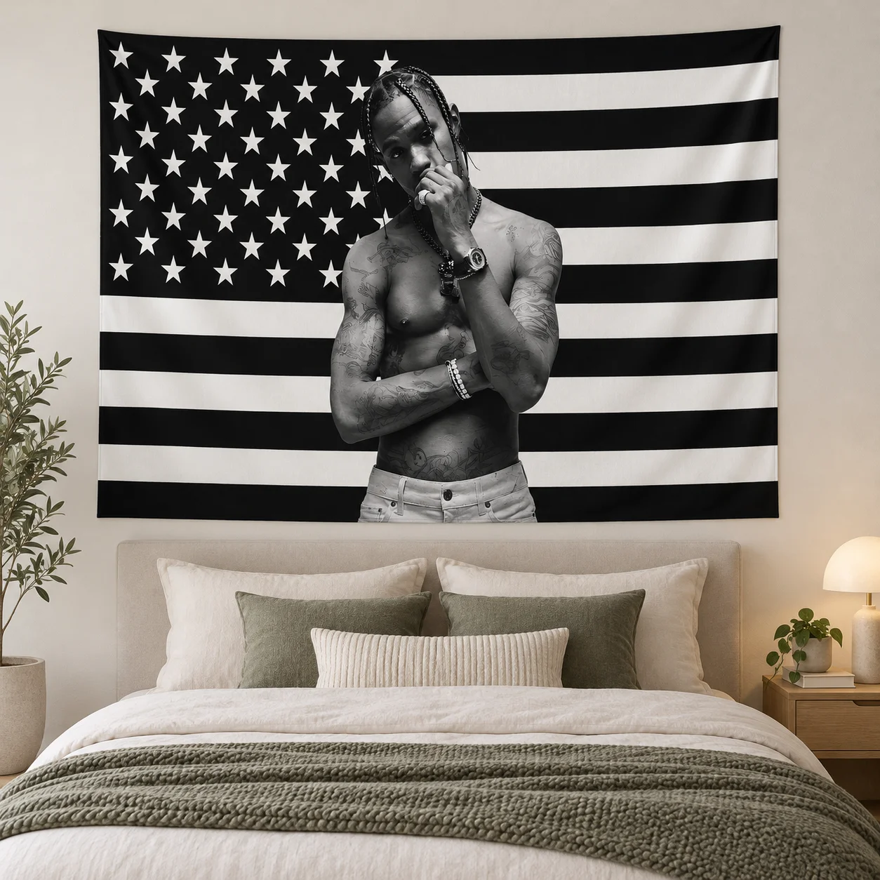 T-Travis Black White Star American Flag Tapestry Banner, Patriotic Wall Decor for Dorm Garage Office, Indoor Outdoor