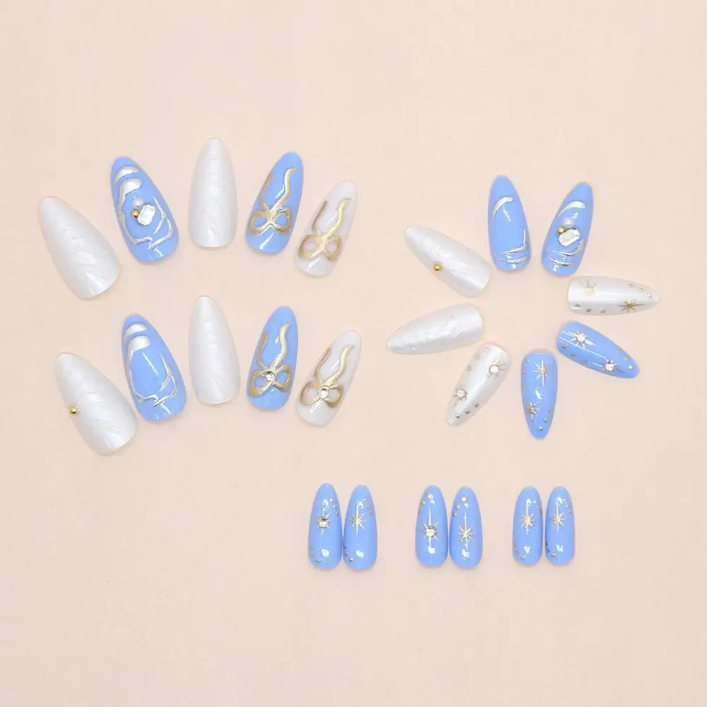 24 Stück lange mandelförmige künstliche Nägel, goldene funkelnde Schleife, Welle, französische Nägel zum Aufdrücken, Perle, Starburst, tiefblaue Katzenaugen-Streifen-Nagelspitzen