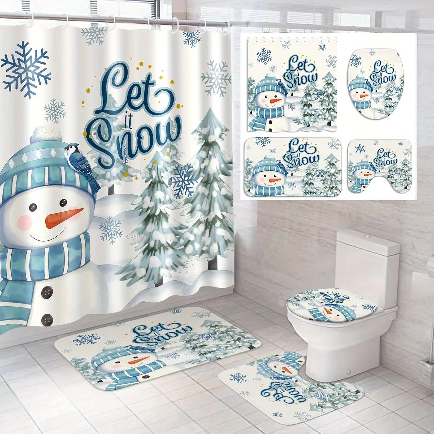 4PCS Christmas Snowman Shower Set – 12 Hooks Shower Curtain Non-Slip Mat U-Seat Cover Toilet Lid Cover Holiday Bathroom Decor