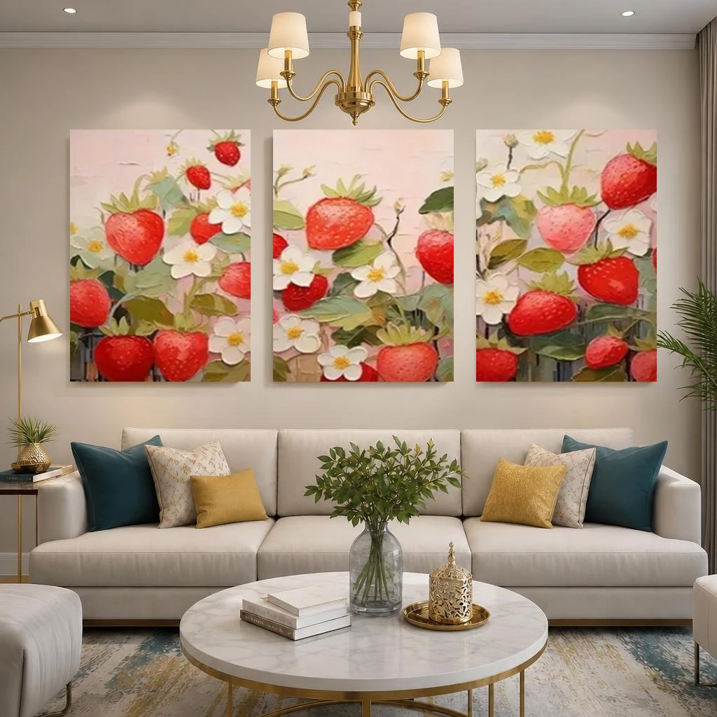 2D Flat, 3pcs Rustic Strawberry Botanical Wall Art Prints - Frameless Suitable for Kitchen, Dining Room Decor with Red Berrie