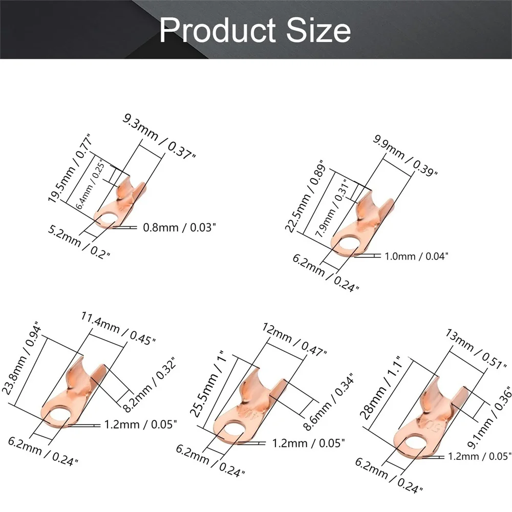 Open Copper Wire Battery Lugs OT-10, 20, 30, 40, 50A Battery Cable Ends Eyelets Crimp Ring Terminals Connectors Bolt Hole