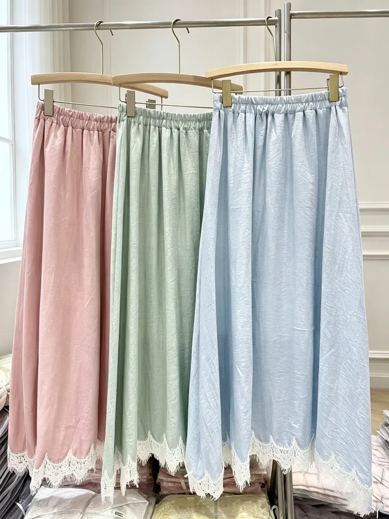 Women's Vintage High Waist Cotton Linen Midi Skirt with Lace Decoration Fashion Long Skirts for Ladies