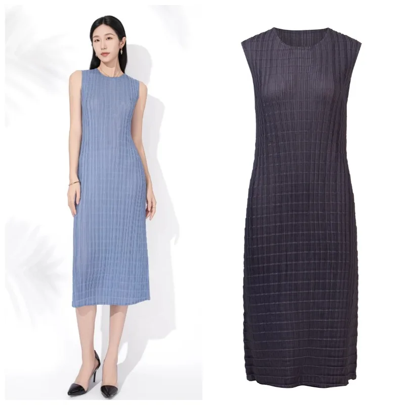 

Miyake Pleated Vest Dresses Women 2026 Summer High-end Round Neck Sleeveless Dress Simple Versatile Mid-length Bodycon Dress