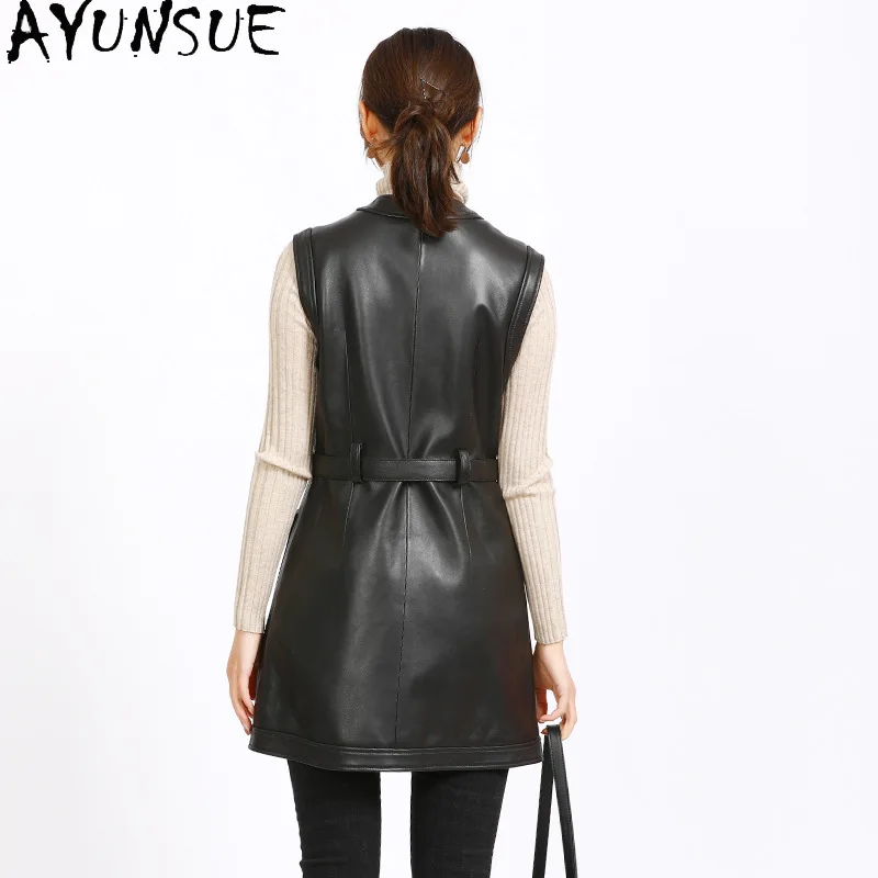 AYUNSUE リアルレザーノースリーブジャケット女性本物のシープスキンベスト女性の服秋の新 Ouerwears Jaqueta Couro