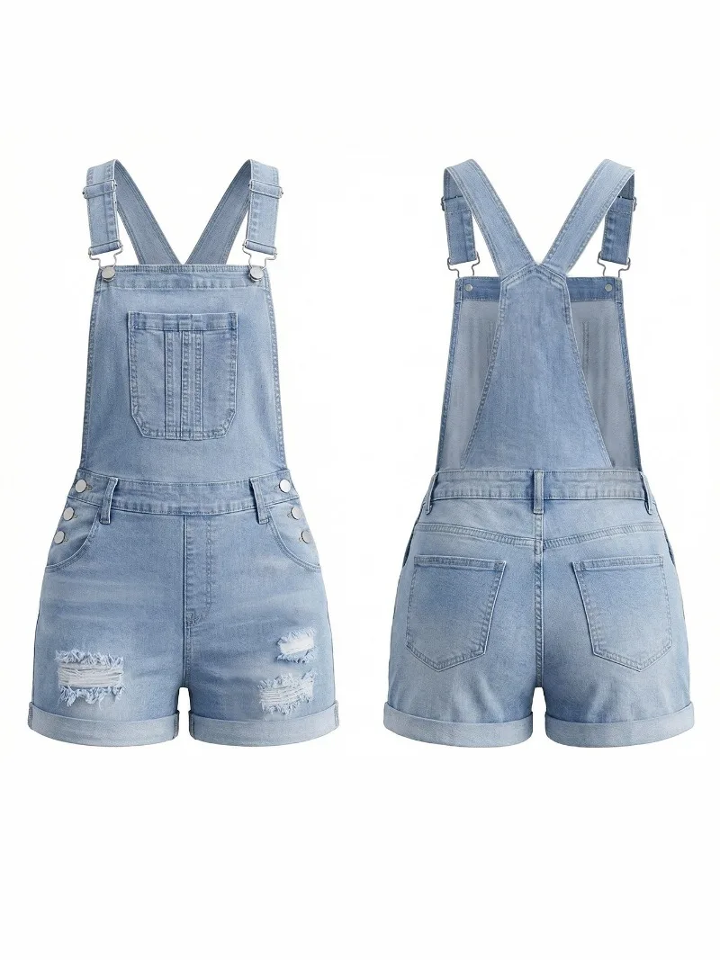 Casual Daily Light Blue Ripped Denim Overall Shorts 2026 Summer Y2K American Streetwear Thin Korean Loose Womens Shorts
