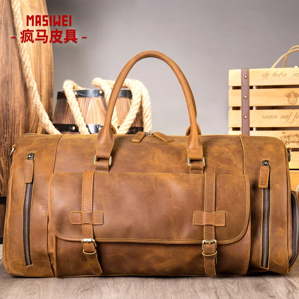 Travel bag, large capacity men's leather handbag, top layer cowhide travel luggage bag, big crazy horse leather multifunctional