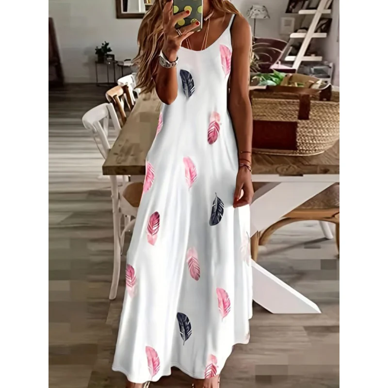 欧米風クロスボーダー春夏新作ノースリーブスリムフェザープリントVネックワンピース