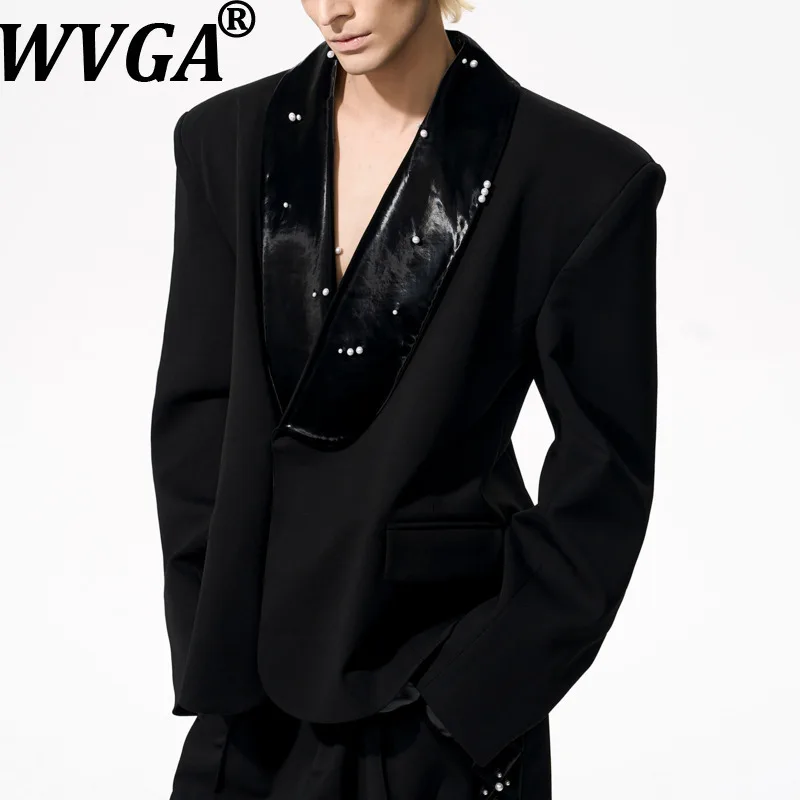 

WVGA Spring Autumn New Man Tide Turn-Down Collar Short Blazers PU Leather Patchwork Padded Shoulder Niche Chic Suit Coats W12546