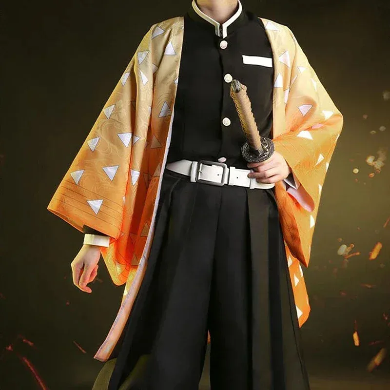 

qq023Anime Demon Slayer Agatsuma Zenitsu Косплей Костюм Kimetsu No Yaiba Кимоно Униформа Костюм Плащ Праздничная Одежда Стоимость Хэллоуина
