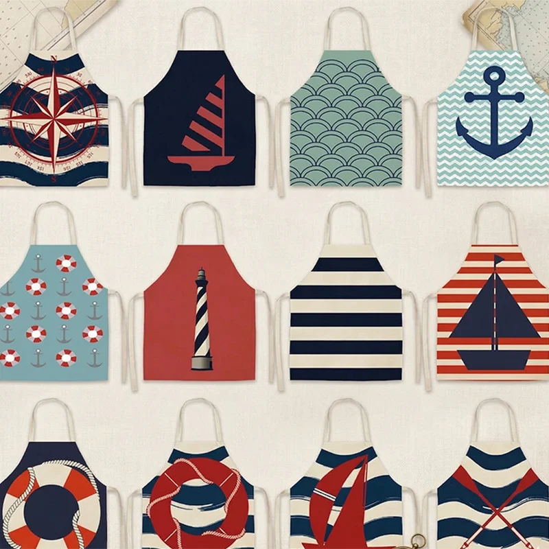 

Nautical Linen Kitchen Apron Women Men Summer Ocean Theme Anchor Sailboat Print Bib for Cooking Baking BBQ Gardening Pinafore